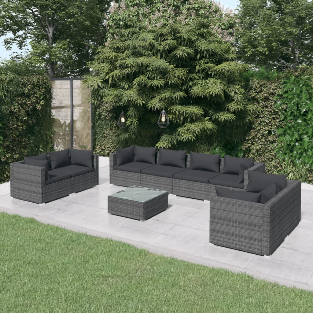 vidaXL 9-delige Loungeset met kussens poly rattan grijs