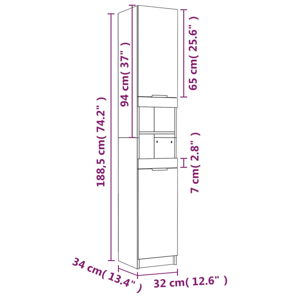 vidaXL Badkamerkast 32x34x188,5 cm bewerkt hout hoogglans wit