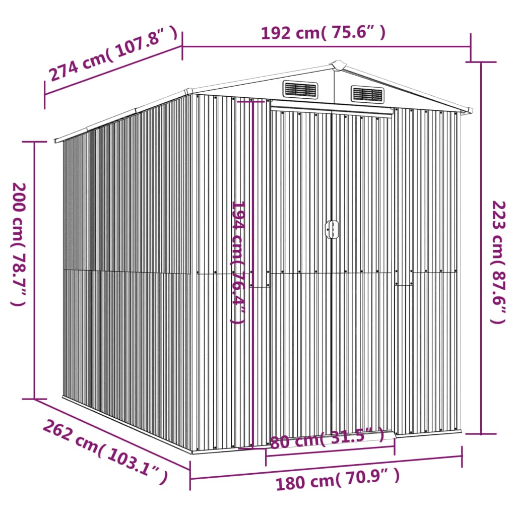 vidaXL Tuinschuur 192x274x223 cm gegalvaniseerd staal lichtgrijs