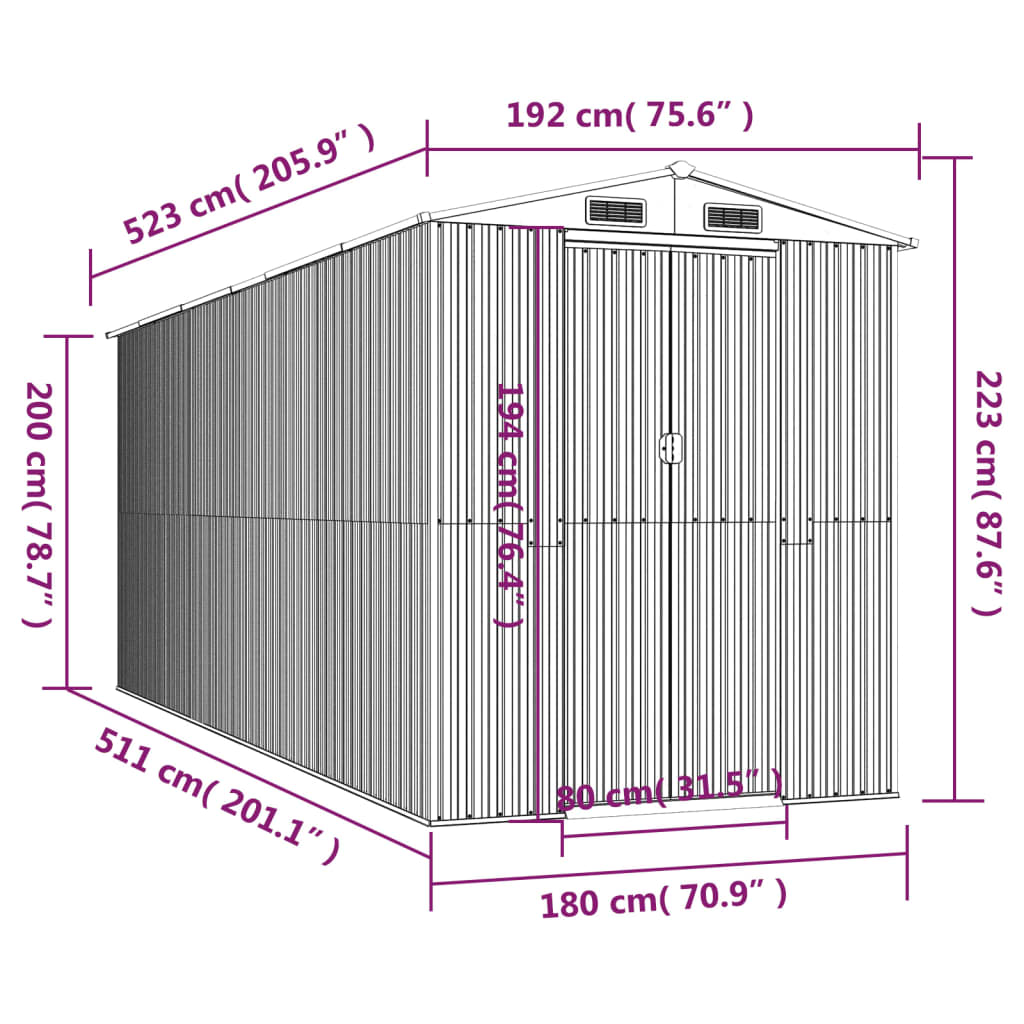 vidaXL Tuinschuur 192x523x223 cm gegalvaniseerd staal antracietkleurig