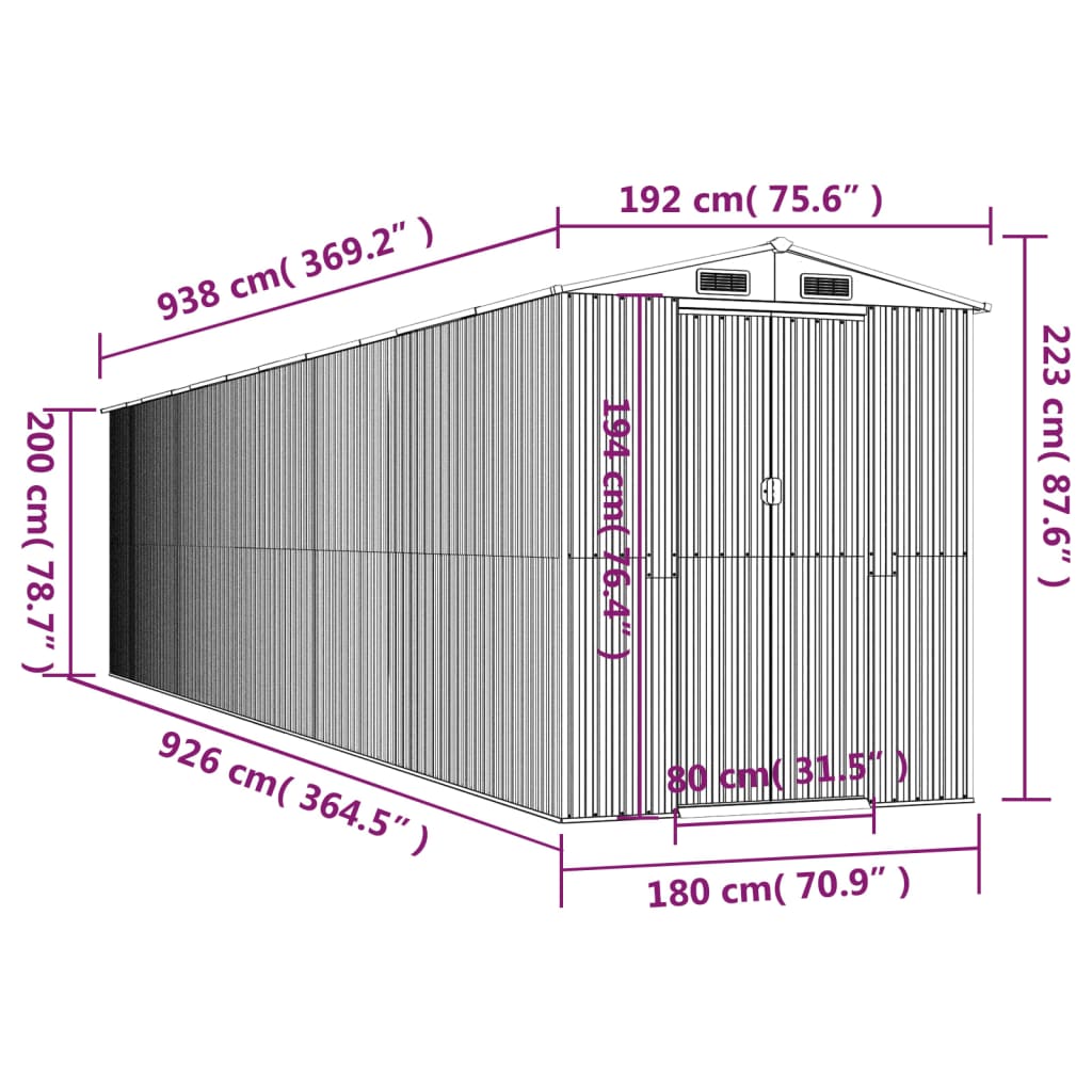 vidaXL Tuinschuur 192x938x223 cm gegalvaniseerd staal antracietkleurig