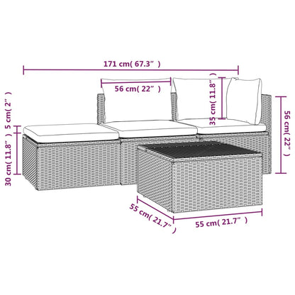 vidaXL 4-delige Loungeset met kussens poly rattan grijs