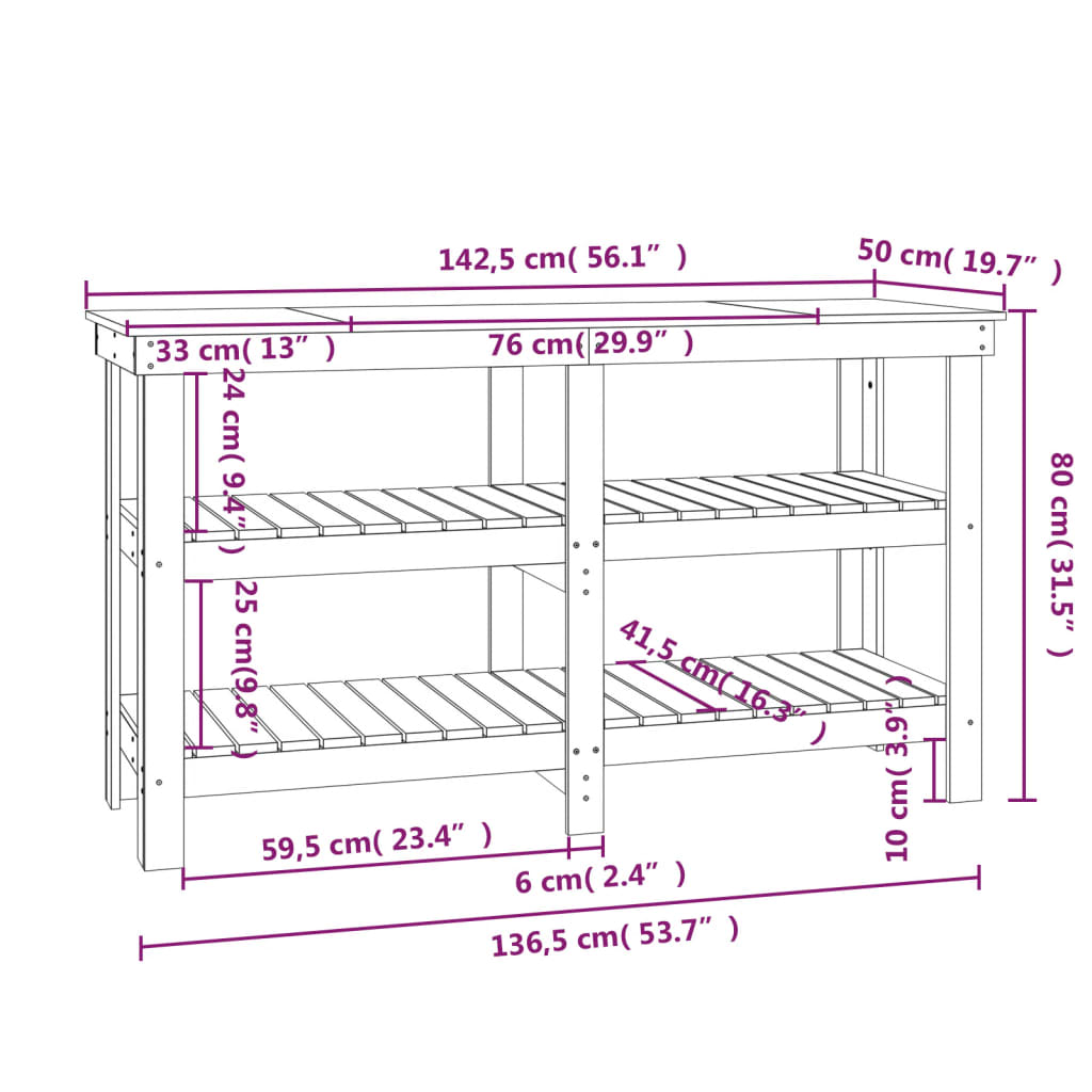 vidaXL Werkbank 142,5x50x80 cm massief grenenhout