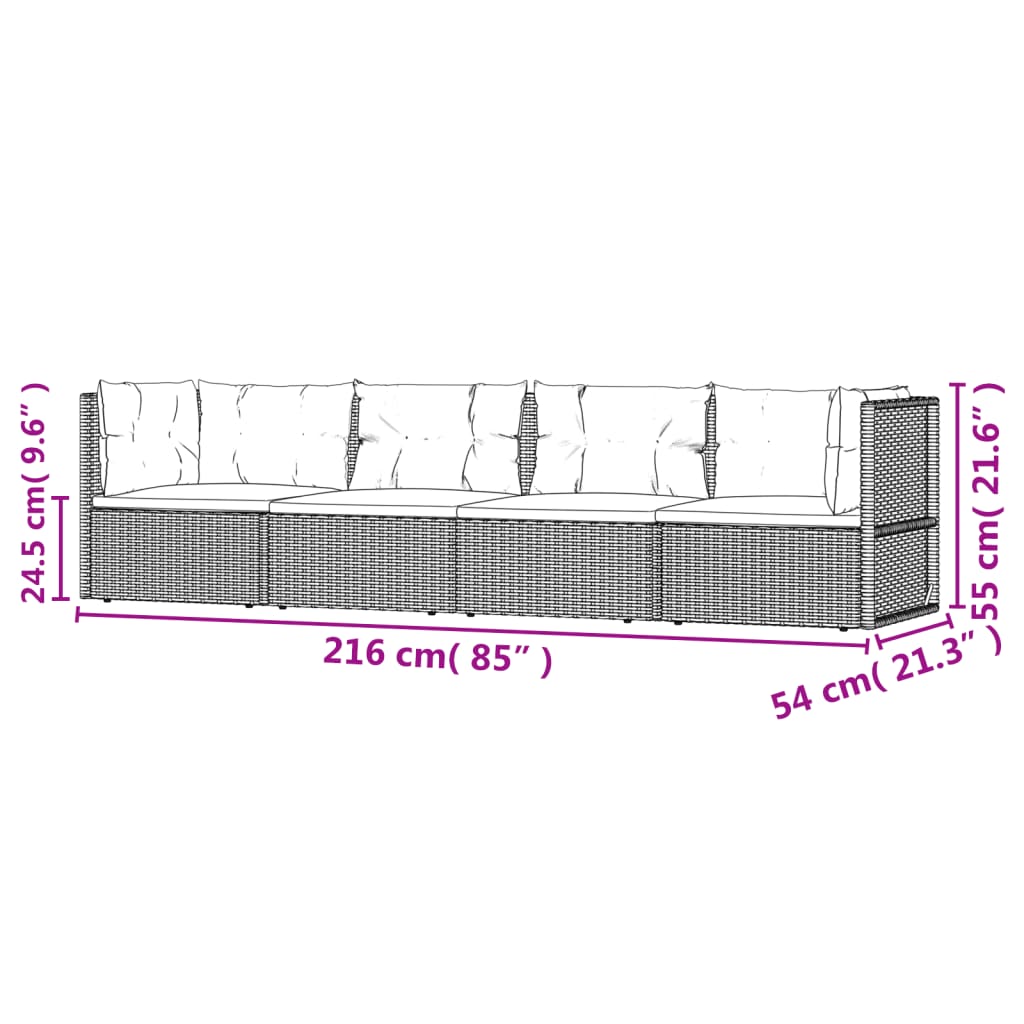 vidaXL 4-delige Loungeset met kussens poly rattan grijs