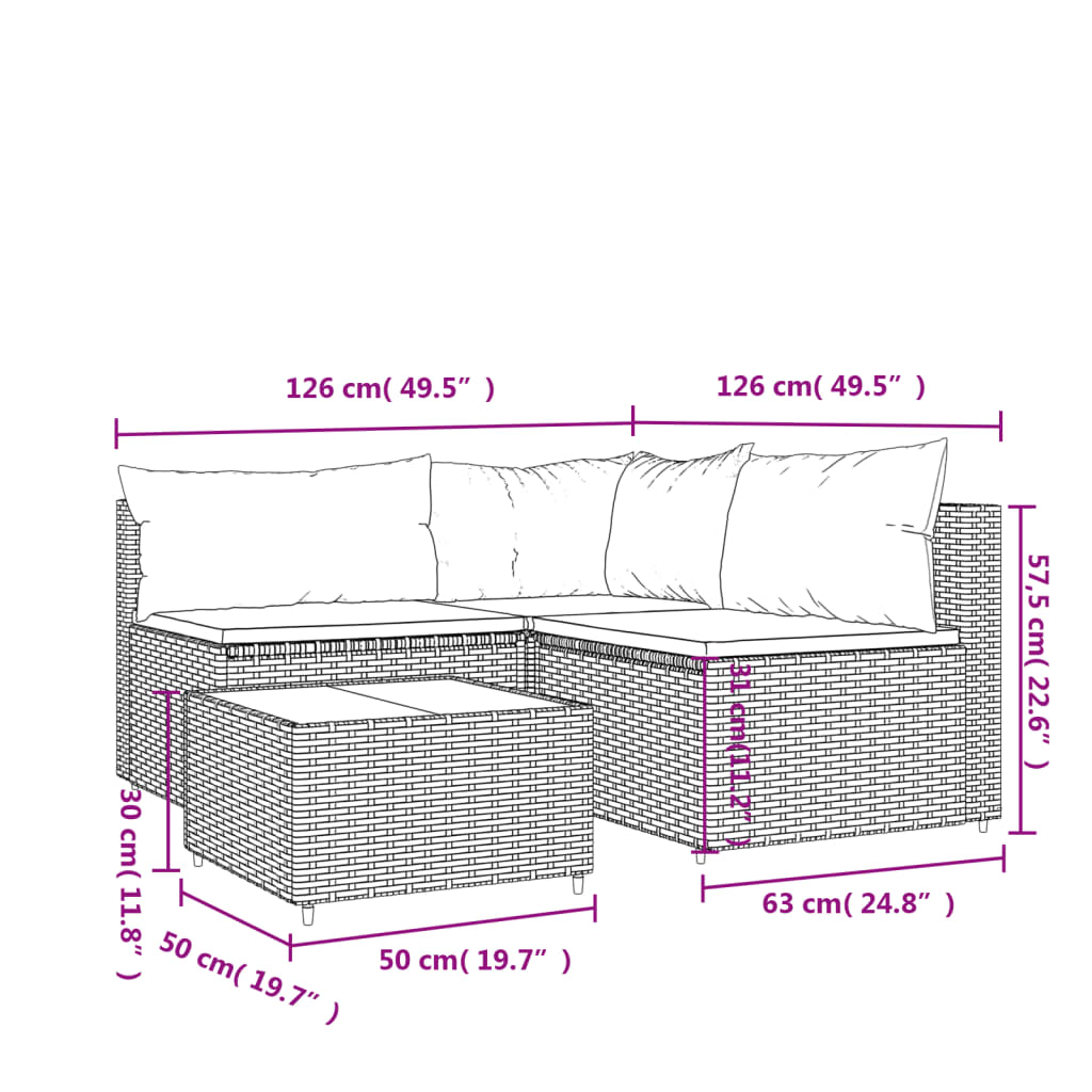 vidaXL 4-delige Loungeset met kussens poly rattan bruin