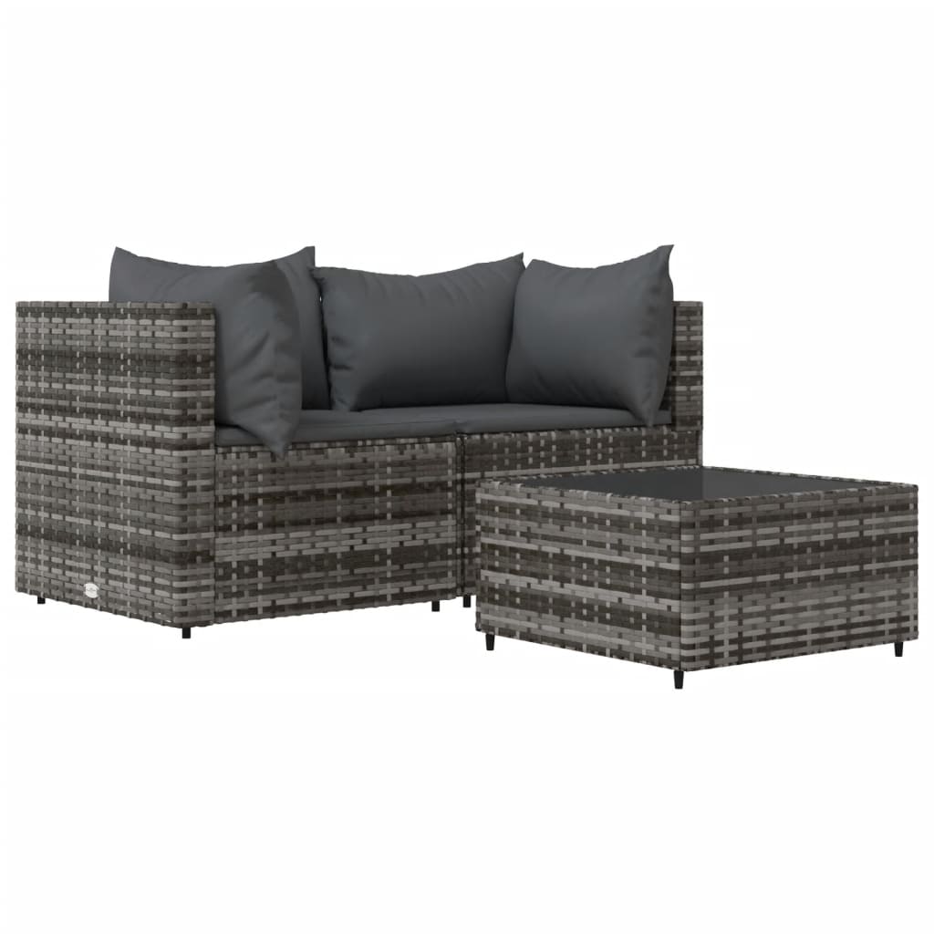 vidaXL 3-delige Loungeset met kussens poly rattan grijs