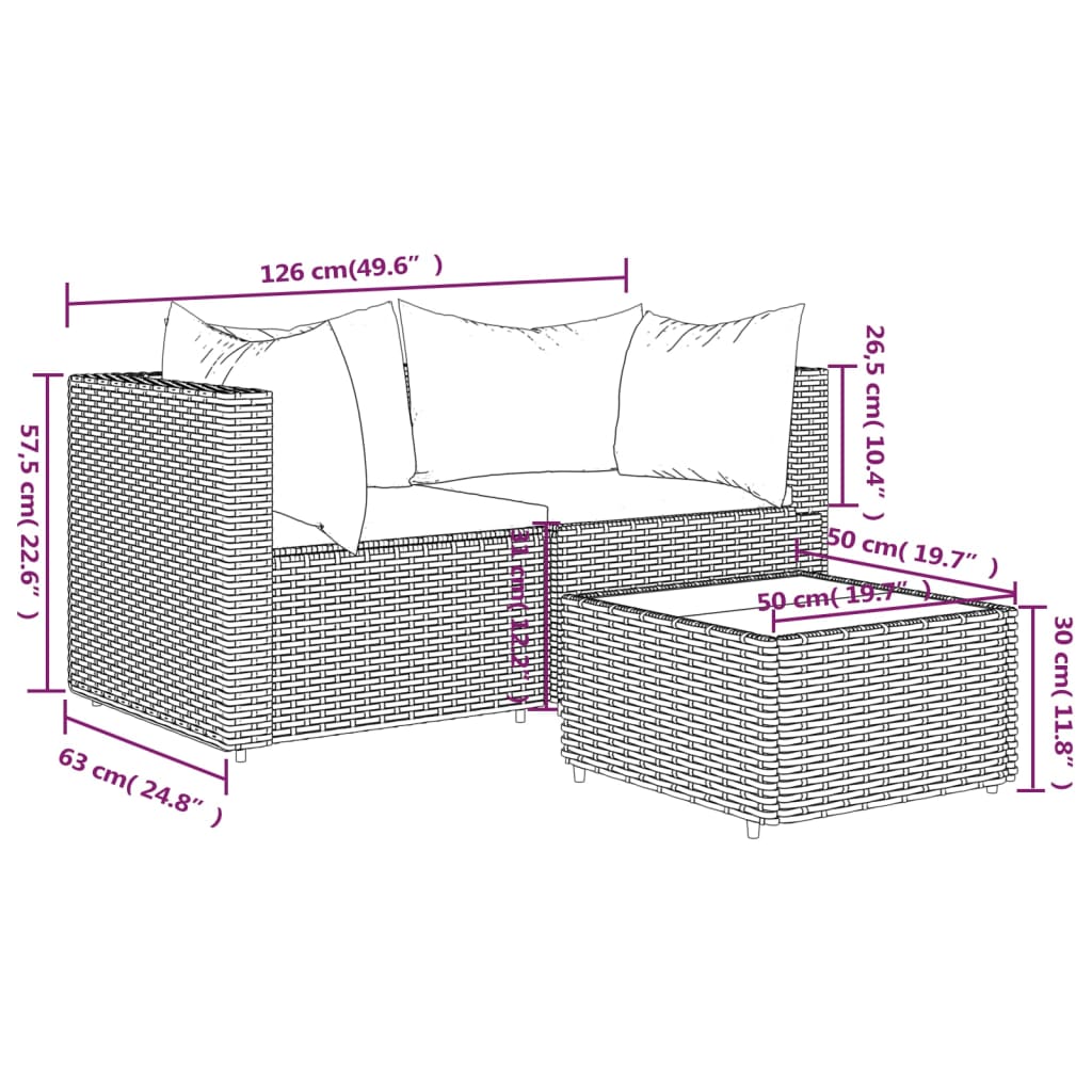 vidaXL 3-delige Loungeset met kussens poly rattan grijs