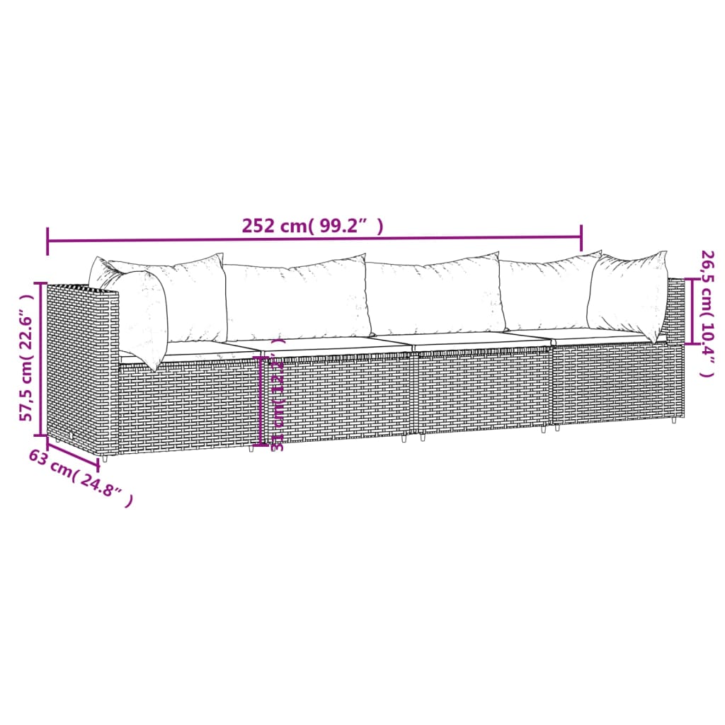 vidaXL 4-delige Loungeset met kussens poly rattan grijs