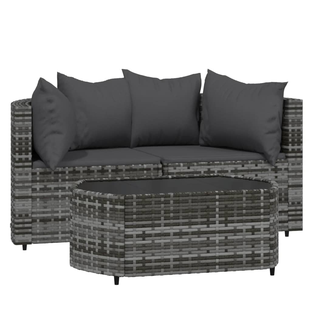 vidaXL 3-delige Loungeset met kussens poly rattan grijs