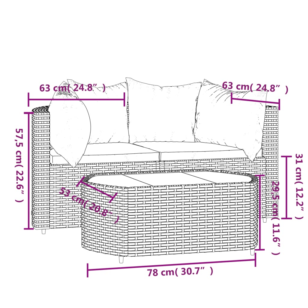 vidaXL 3-delige Loungeset met kussens poly rattan grijs