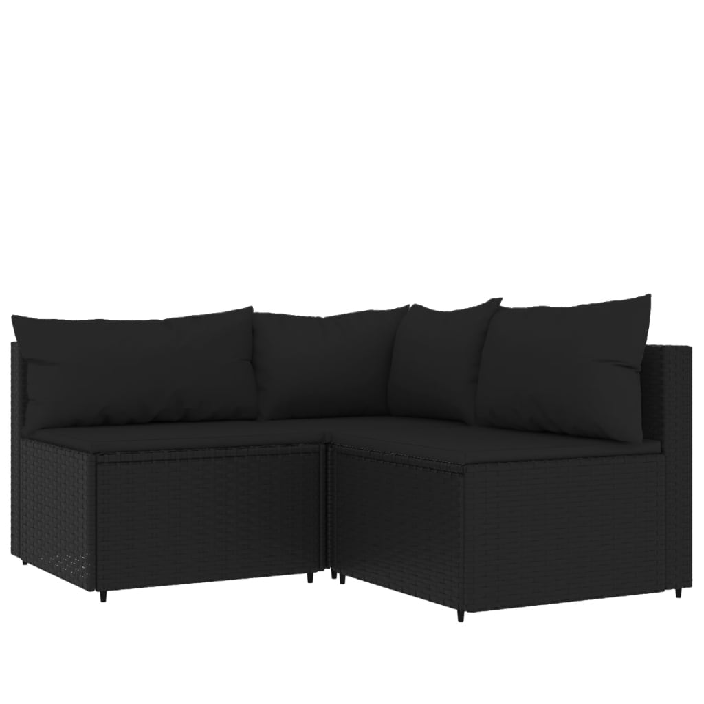 vidaXL 3-delige Loungeset met kussens poly rattan zwart