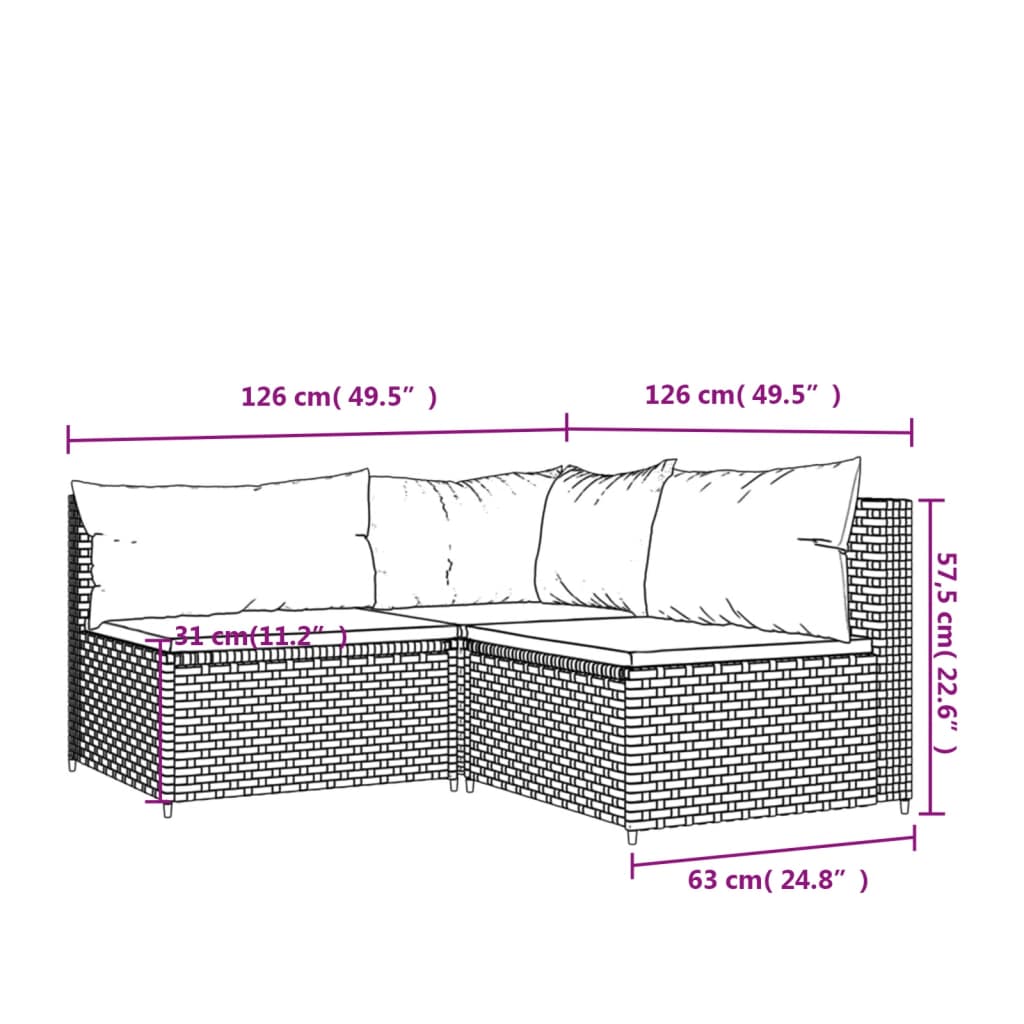 vidaXL 3-delige Loungeset met kussens poly rattan zwart