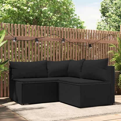 vidaXL 3-delige Loungeset met kussens poly rattan zwart