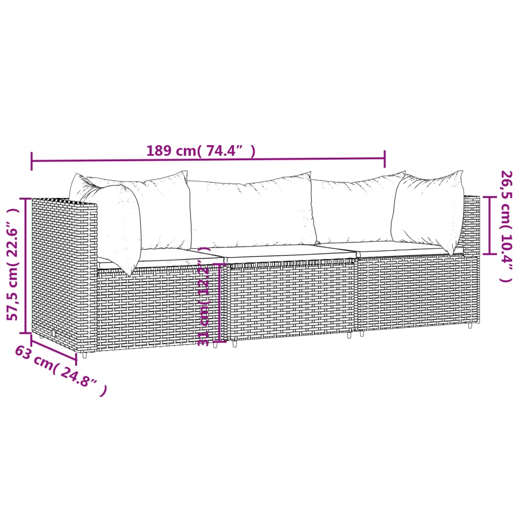 vidaXL 3-delige Loungeset met kussens poly rattan zwart