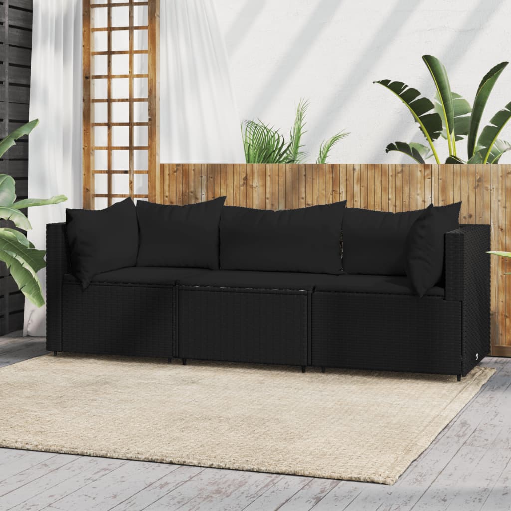 vidaXL 3-delige Loungeset met kussens poly rattan zwart