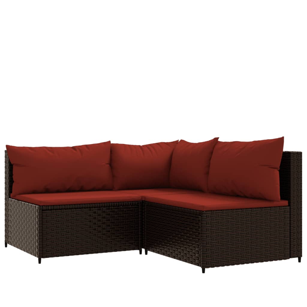 vidaXL 3-delige Loungeset met kussens poly rattan bruin