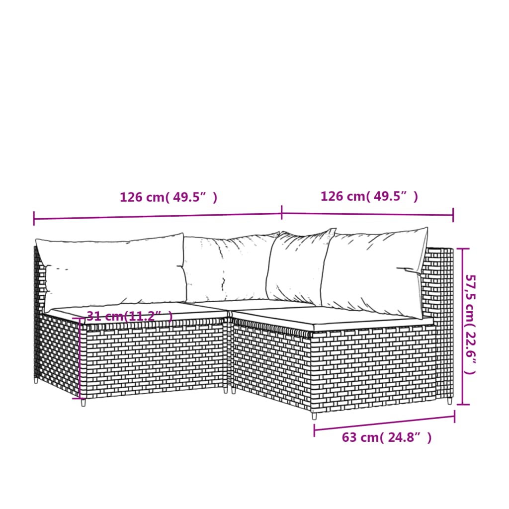 vidaXL 3-delige Loungeset met kussens poly rattan bruin