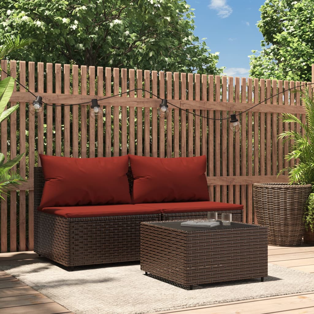 vidaXL 3-delige Loungeset met kussens poly rattan bruin