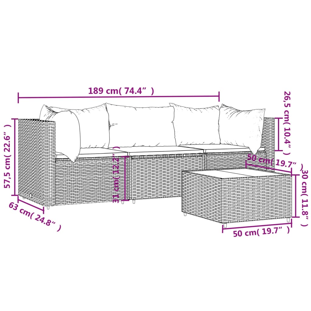 vidaXL 4-delige Loungeset met kussens poly rattan bruin