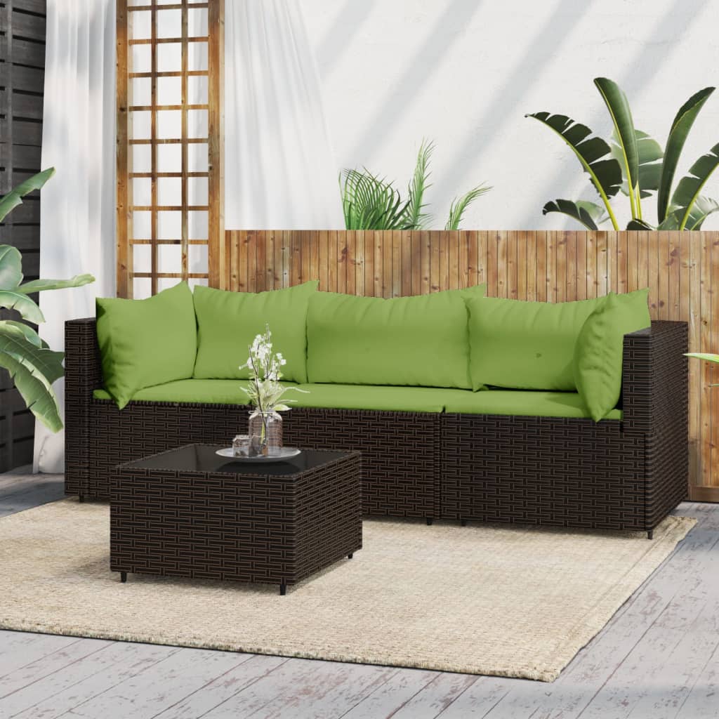 vidaXL 4-delige Loungeset met kussens poly rattan bruin