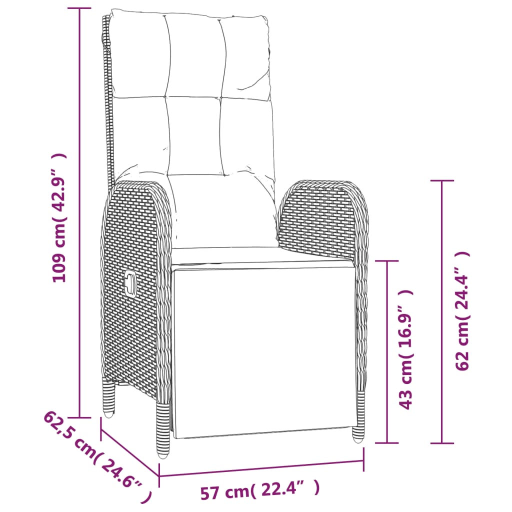 vidaXL Tuinstoelen 2 st verstelbaar met kussens poly rattan zwart