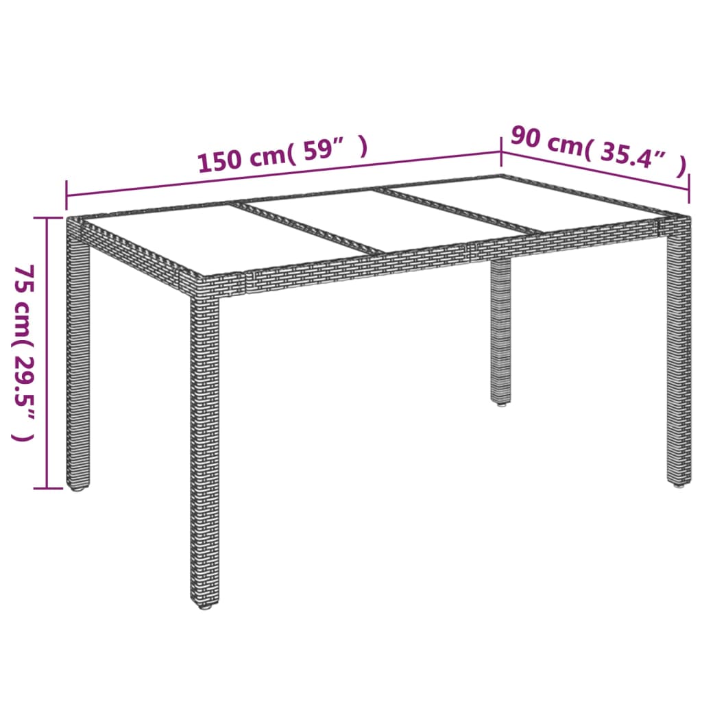 vidaXL Tuintafel met glazen blad 150x90x75 cm poly rattan zwart