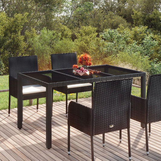 vidaXL Tuintafel met glazen blad 150x90x75 cm poly rattan zwart