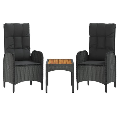 vidaXL 3-delige Loungeset met kussens poly rattan zwart