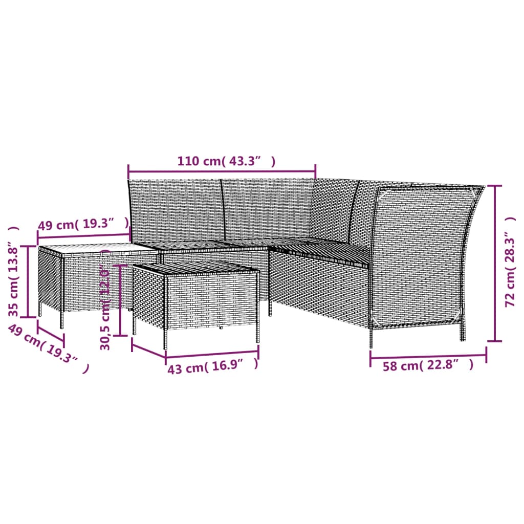 vidaXL 4-delige Loungeset met kussens poly rattan grijs