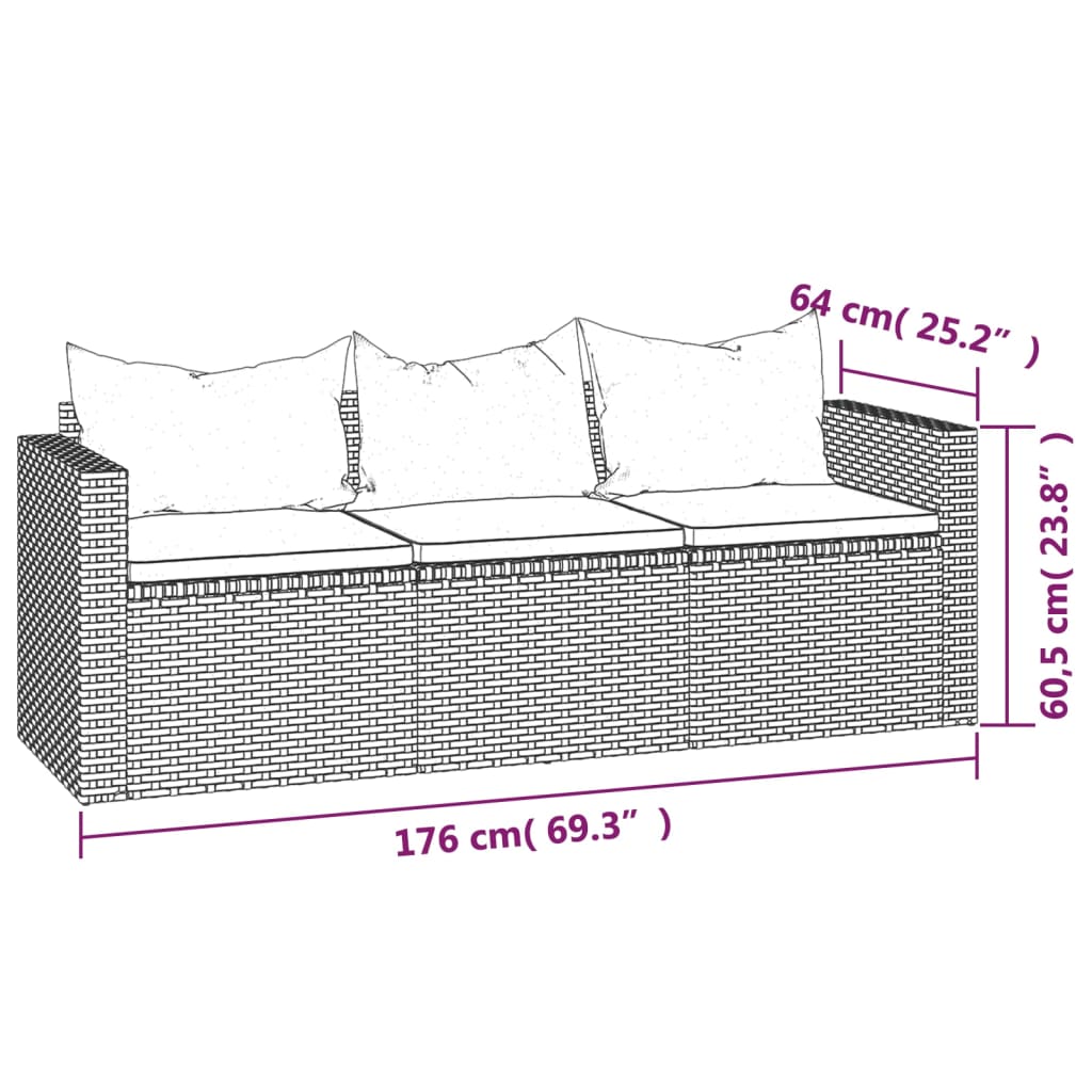 vidaXL 3-delige Loungeset met kussens poly rattan grijs