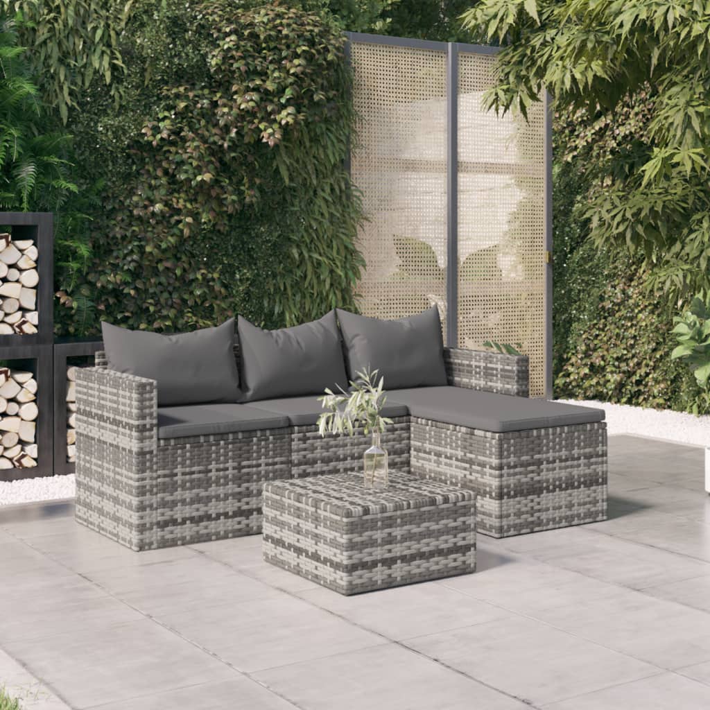 vidaXL 3-delige Loungeset met kussens poly rattan grijs