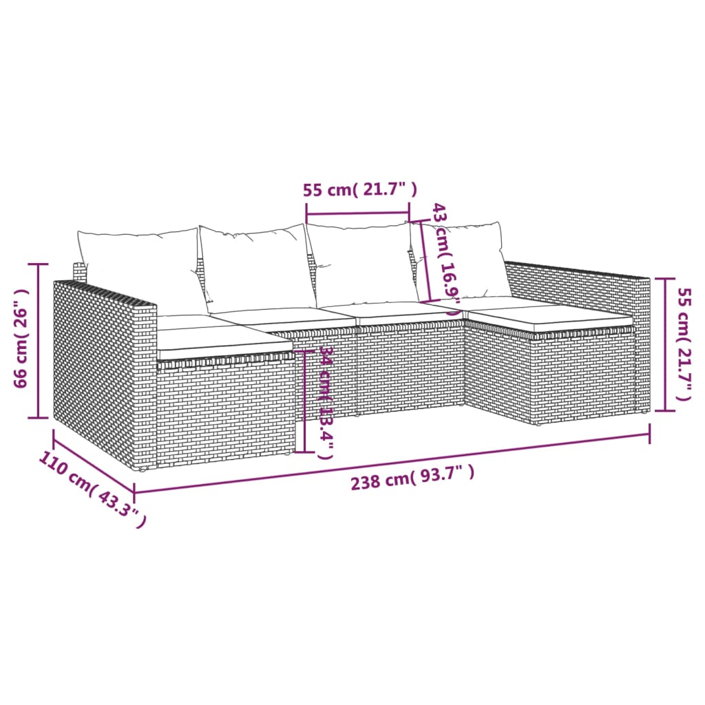 vidaXL 2-delige Loungeset met kussens poly rattan grijs