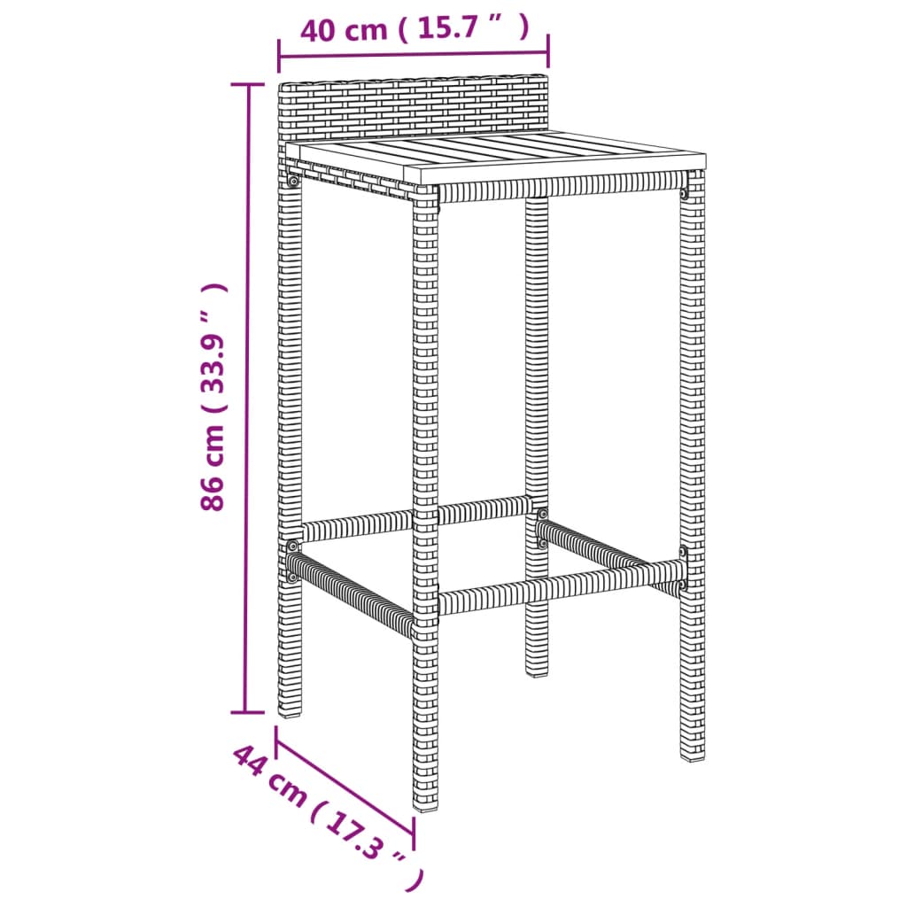 vidaXL Barkrukken 2 st poly rattan en massief acaciahout grijs