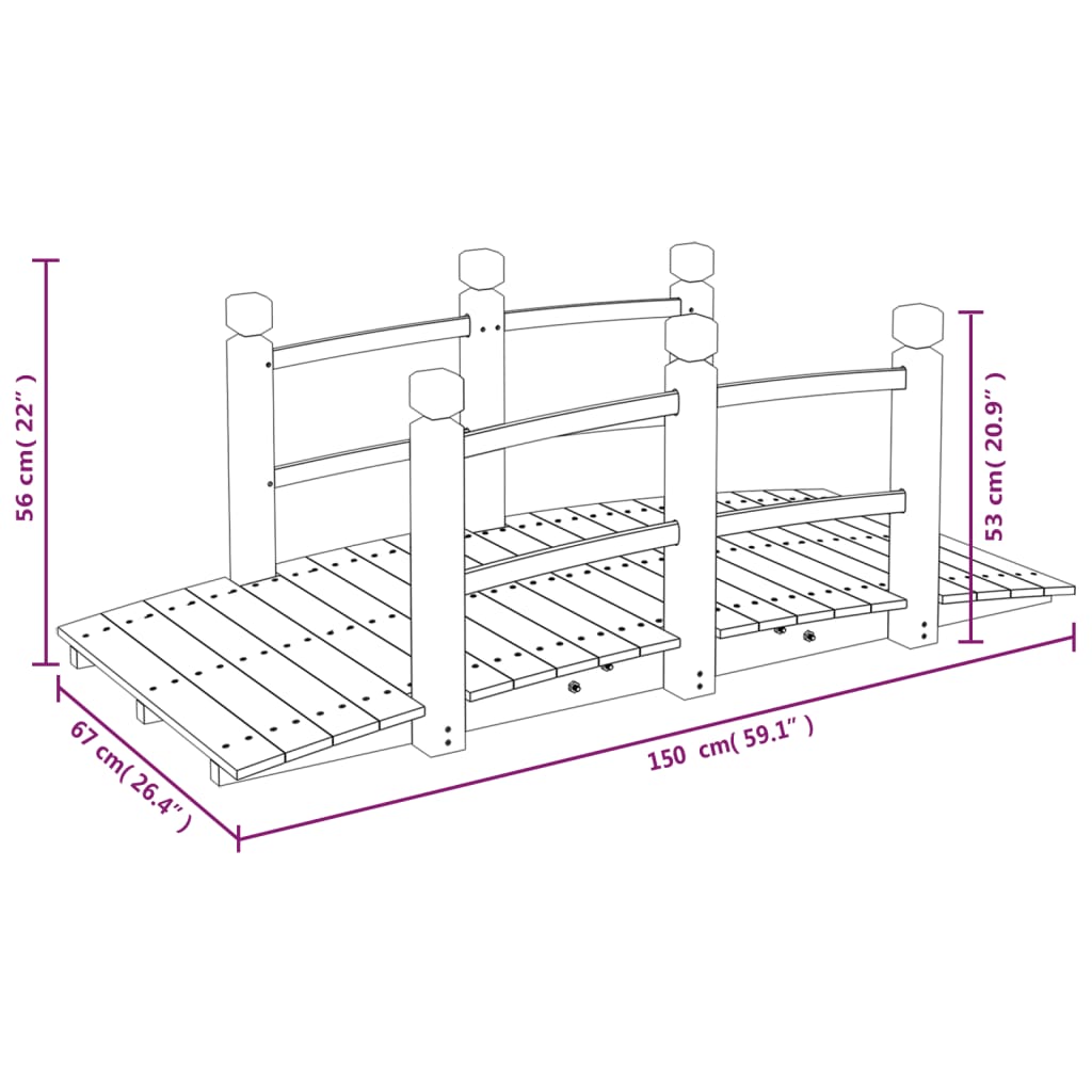 vidaXL Tuinbrug met leuningen 150x67x56 cm massief vurenhout