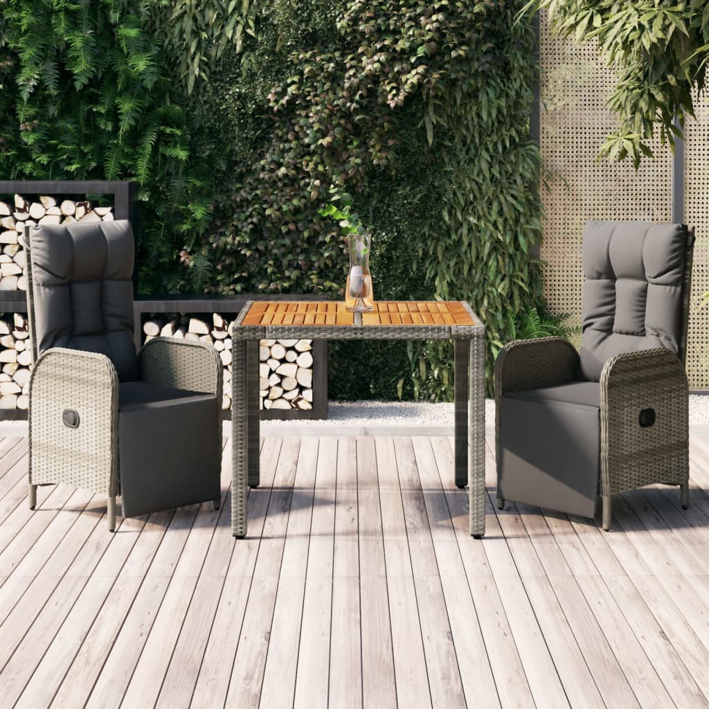 vidaXL 3-delige Tuinset met kussens poly rattan grijs