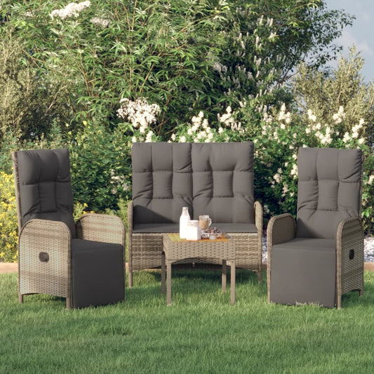 vidaXL 3-delige Tuinset met kussens poly rattan grijs