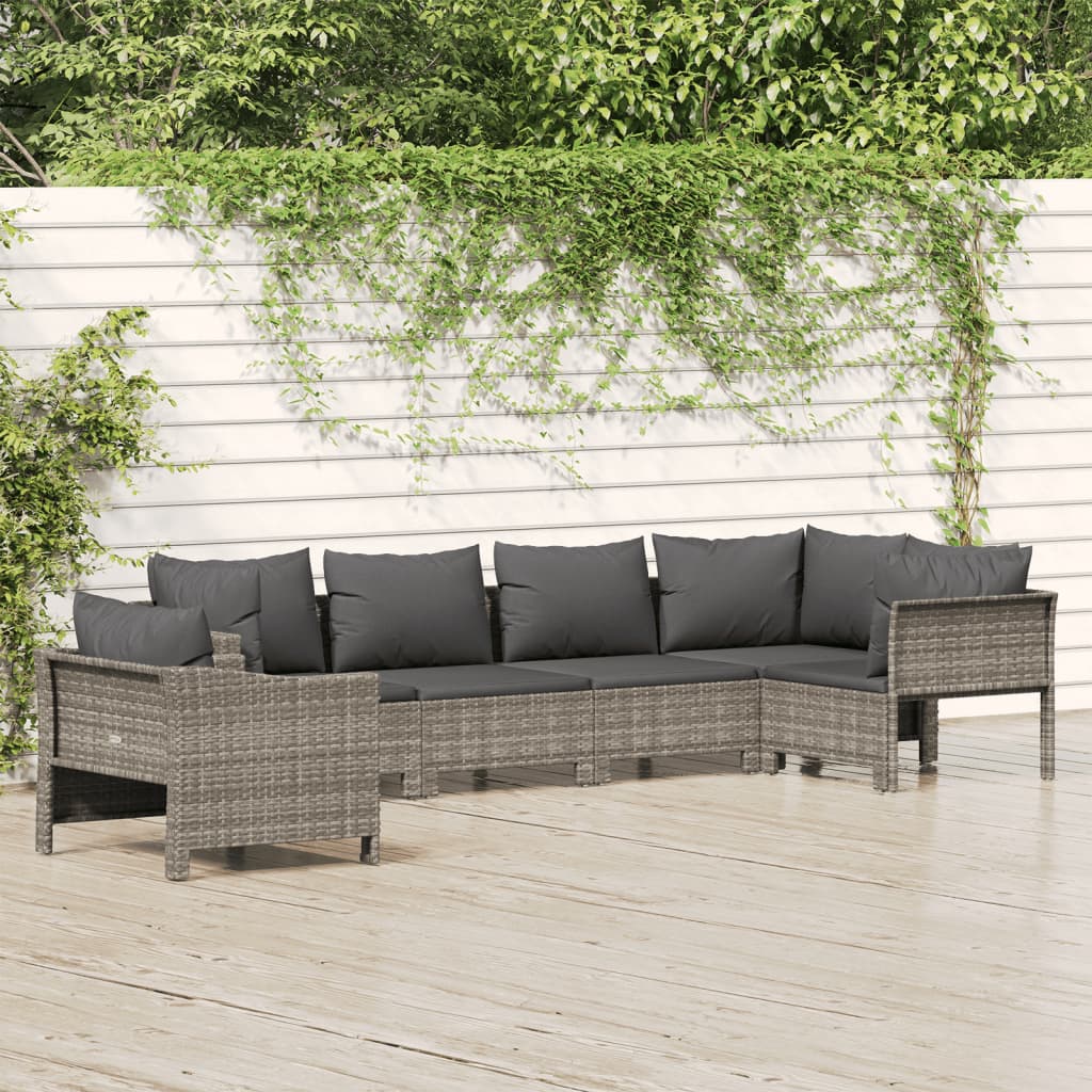 vidaXL 6-delige Loungeset met kussens poly rattan grijs