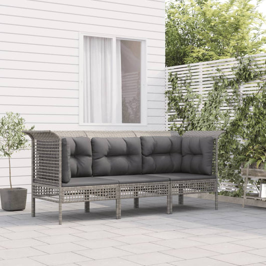 vidaXL 3-delige Loungeset met kussens poly rattan grijs